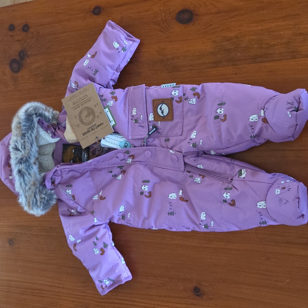 Souris Mini 6-9 Months NEW Purple Hooded Baby Waterproof Snowsuit with Fur Trim - Picture 14 of 14